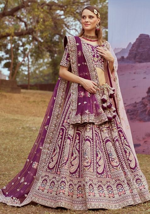 Purple Embroidered Silk Lehenga Set