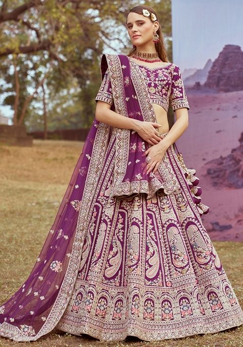 Purple Embroidered Silk Lehenga Set