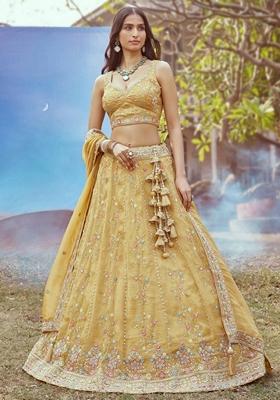 Mustard Yellow Embroidered Tissue Lehenga Set