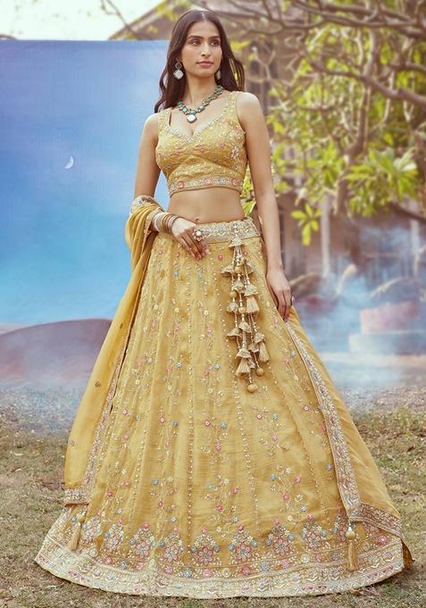 Mustard Yellow Embroidered Tissue Lehenga Set