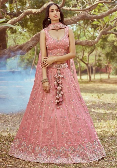 Coral Embroidered Tissue Lehenga Set