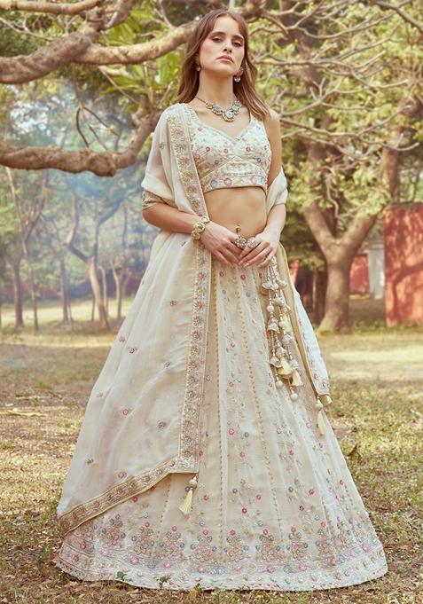 Cream Embroidered Tissue Lehenga Set