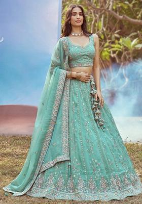 Sea Green Embroidered Tissue Lehenga Set