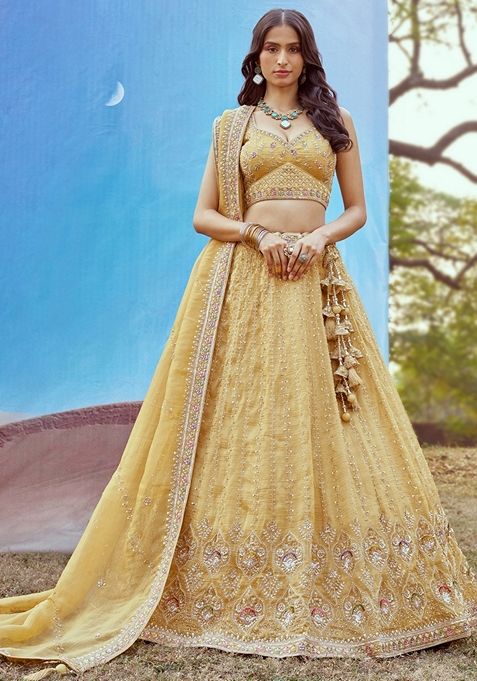 Mustard Yellow Embroidered Tissue Lehenga Set