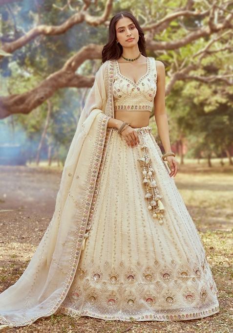 Cream Embroidered Tissue Lehenga Set