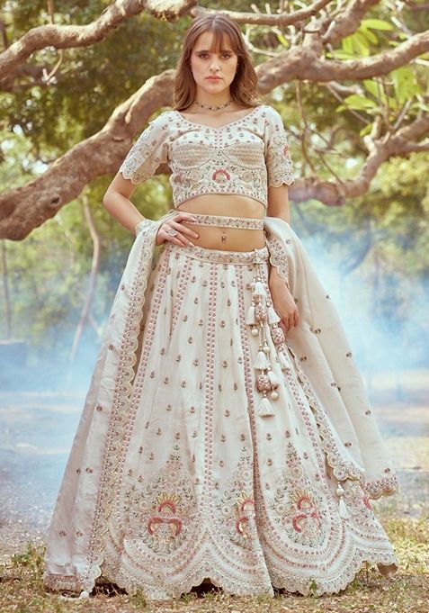 Cream Embroidered Tissue Lehenga Set