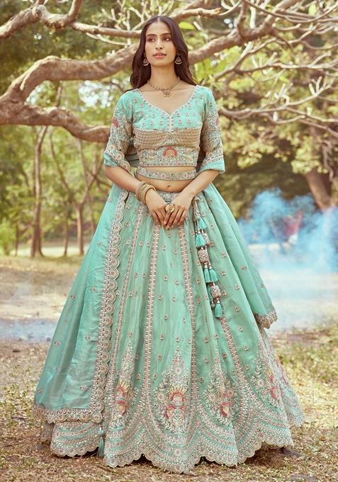 Sea Green Embroidered Tissue Lehenga Set