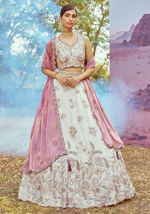 Cream Embroidered Viscose Rayon Lehenga Set