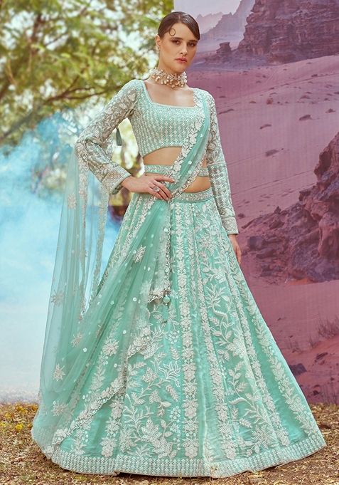 Sea Green Embroidered Organza Lehenga Set