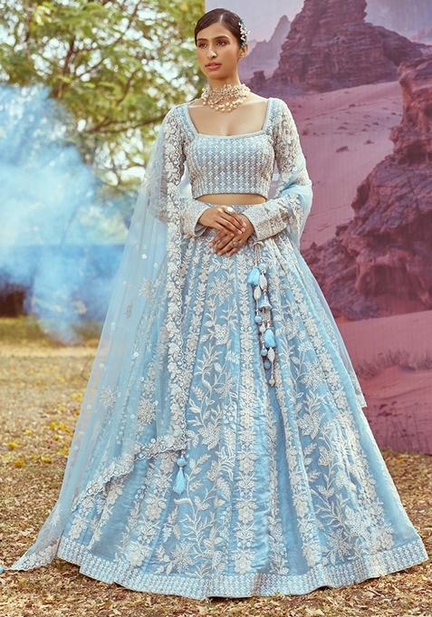 Blue Embroidered Organza Lehenga Set