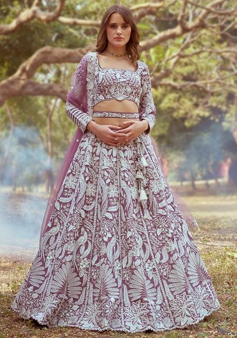 Lavender Embroidered Satin Lehenga Set