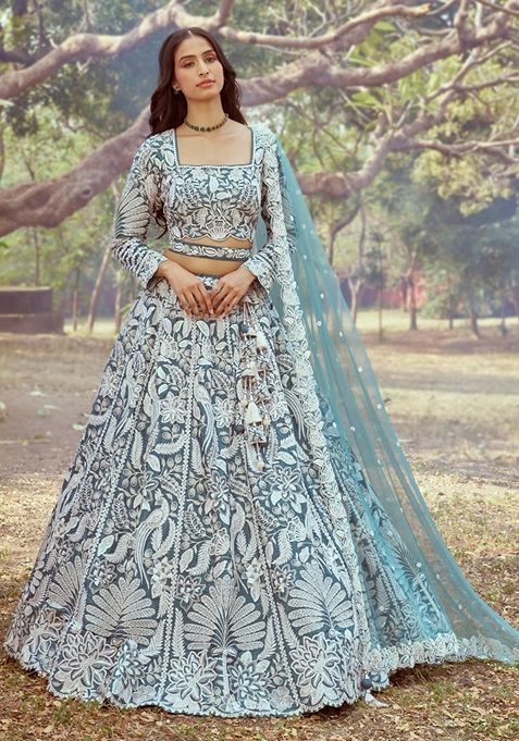 Teal Embroidered Satin Lehenga Set