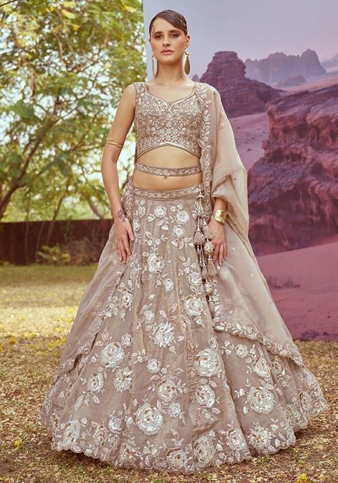 Beige Embroidered Organza Lehenga Set