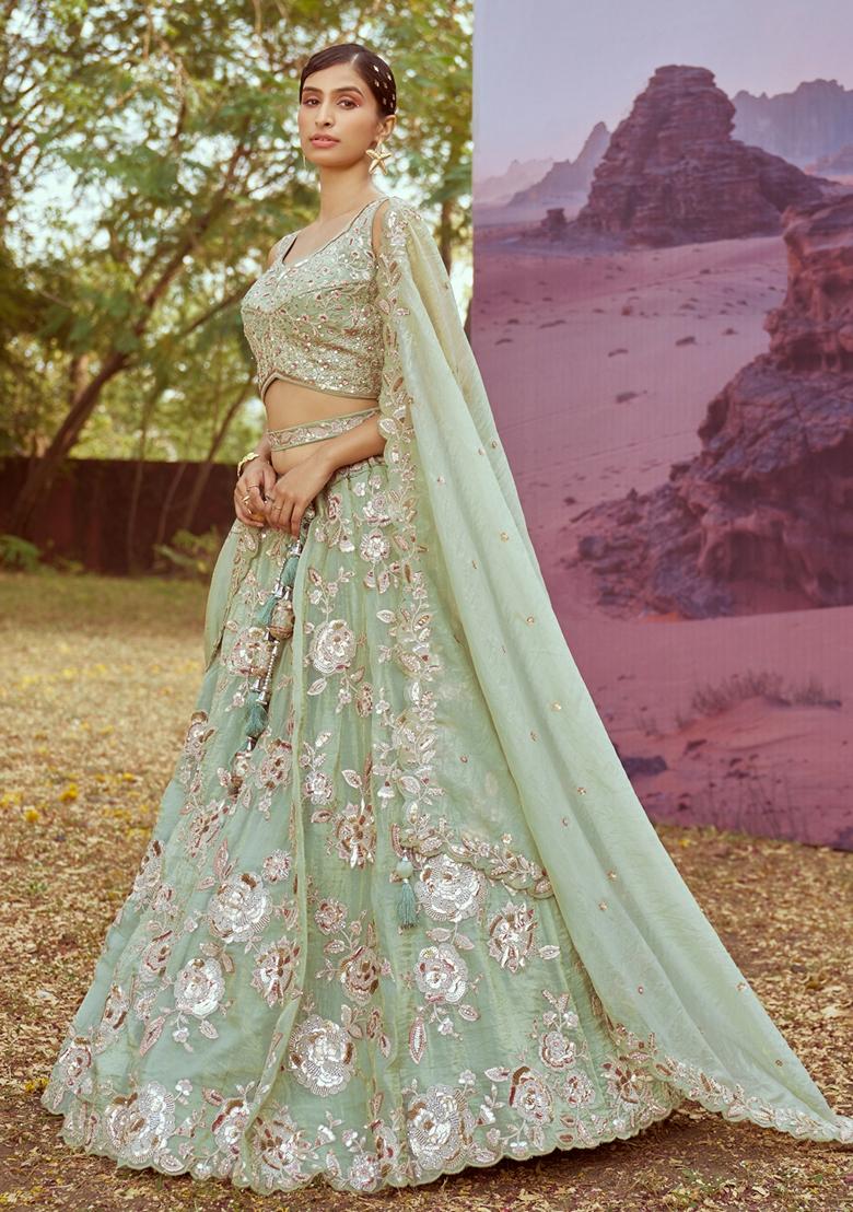Lime Green Embroidered Organza Lehenga Set