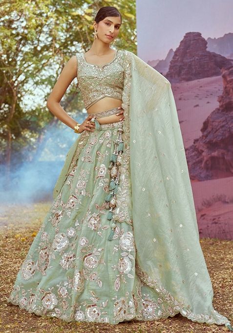 Lime Green Embroidered Organza Lehenga Set