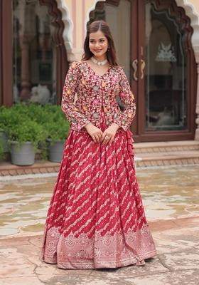 Pink Sequin Embroidered Jacquard Lehenga Set