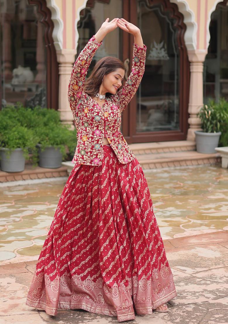 Pink Sequin Embroidered Jacquard Lehenga Set