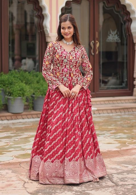 Pink Sequin Embroidered Jacquard Lehenga Set