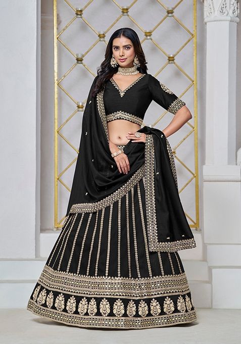 Black Embroidered Art Silk Lehenga Set