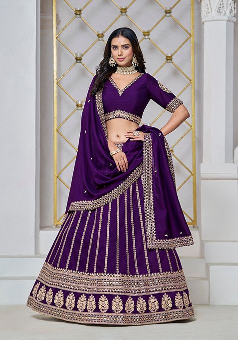 Purple Embroidered Art Silk Lehenga Set