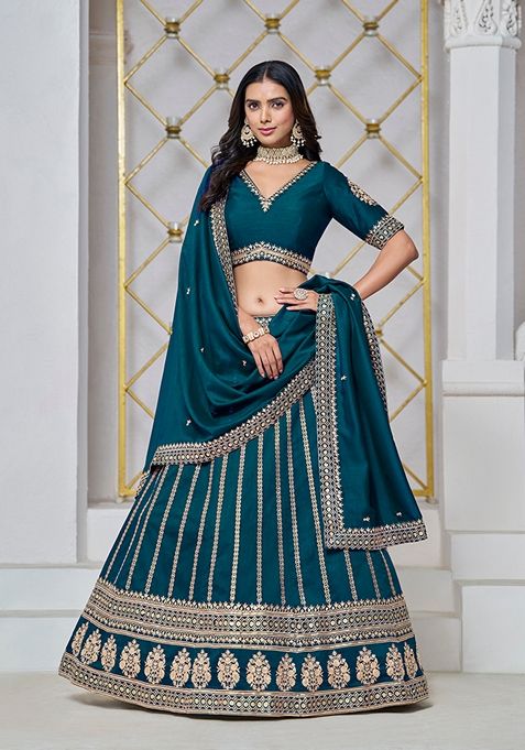 Teal Embroidered Art Silk Lehenga Set