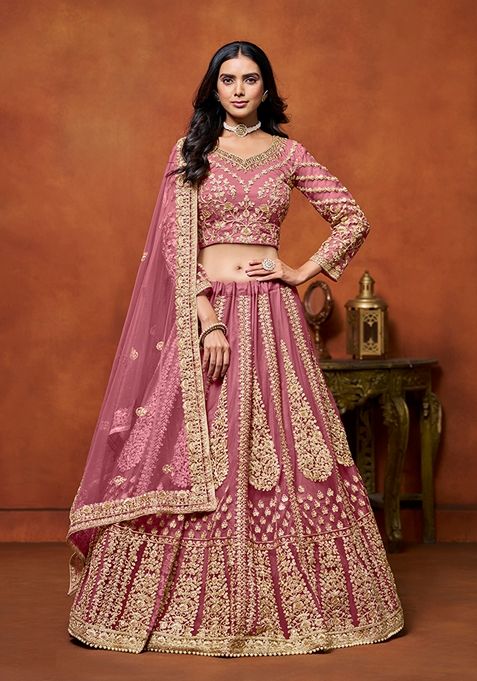 Pink Embroidered Net Lehenga Set