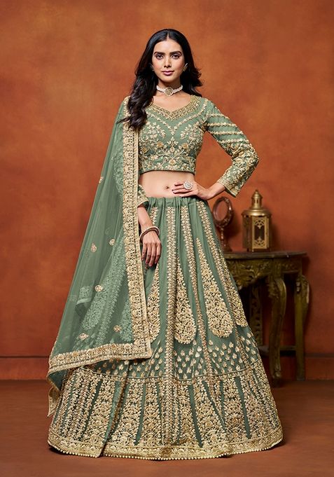 Green Embroidered Net Lehenga Set