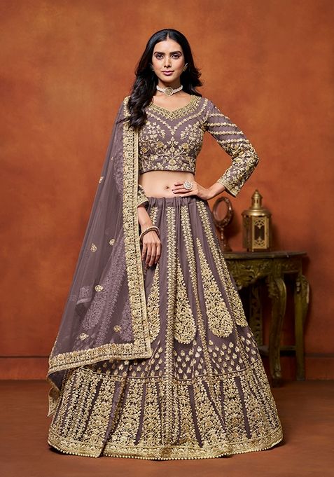 Purple Embroidered Net Lehenga Set