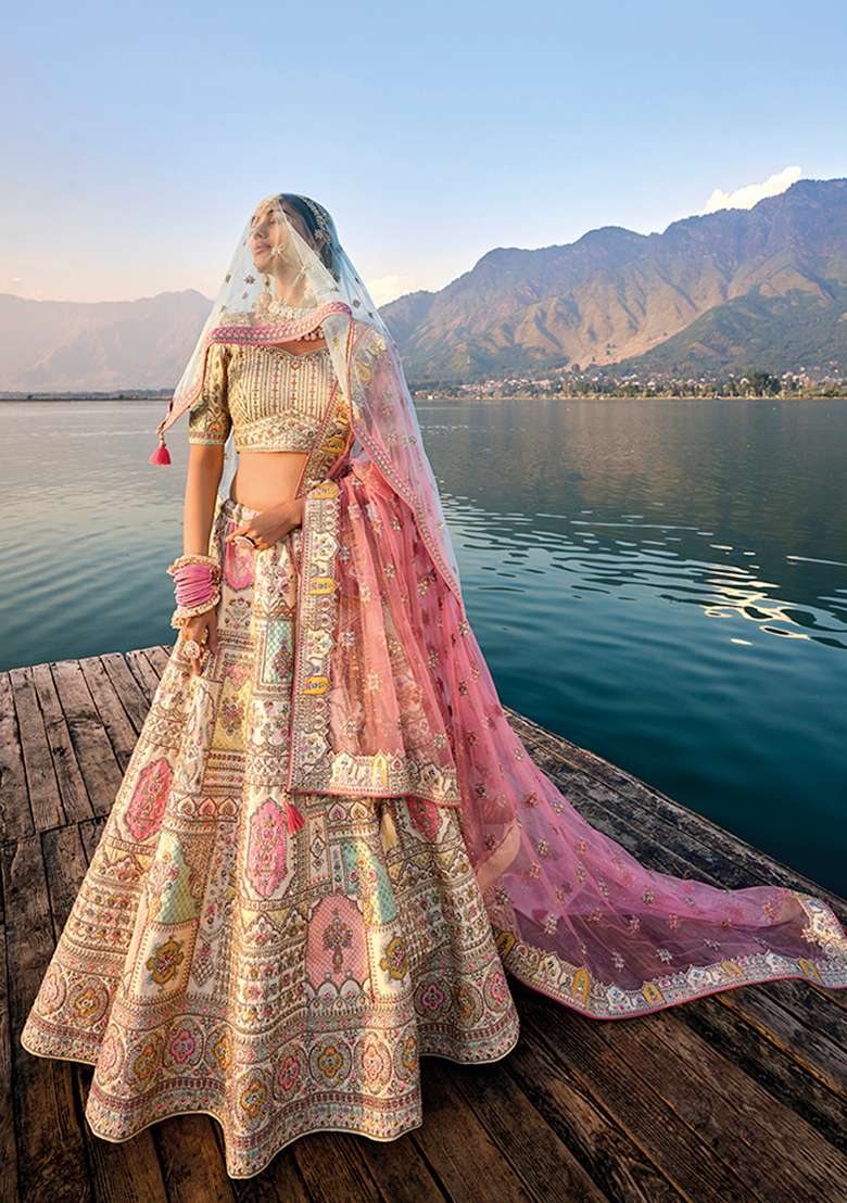 Cream Embroidered Silk Lehenga Set - Indya