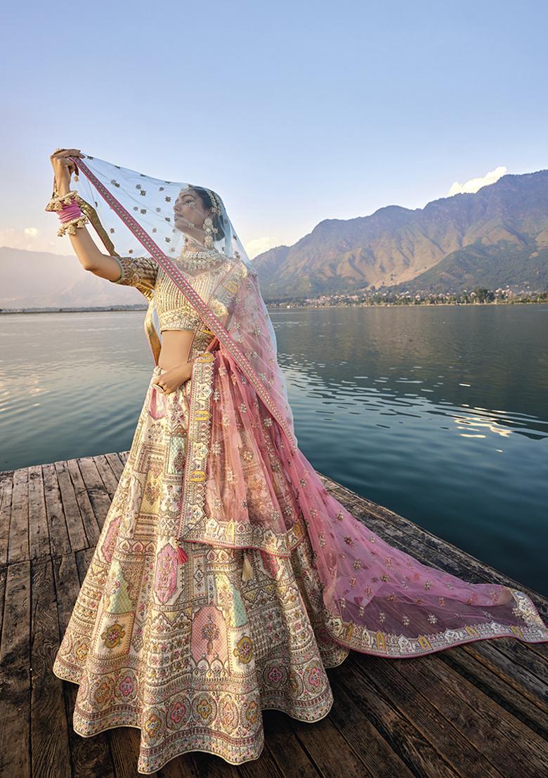 Cream Embroidered Silk Lehenga Set