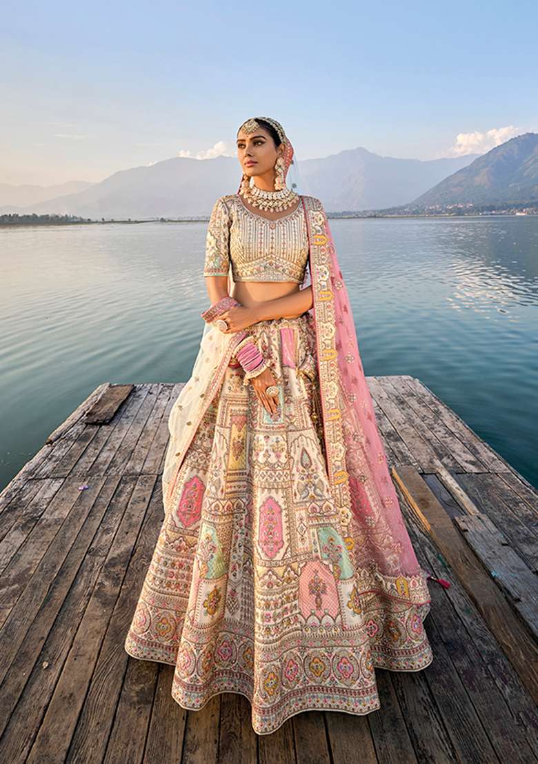 Cream Embroidered Silk Lehenga Set - Indya