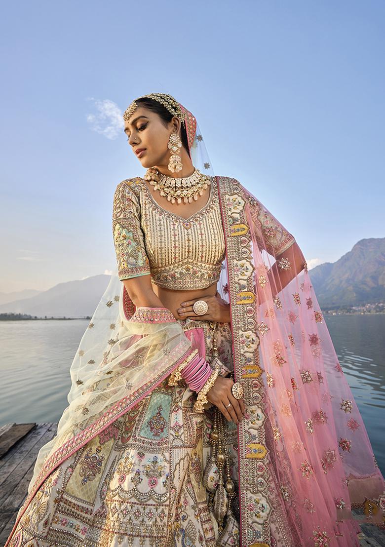 Cream Embroidered Silk Lehenga Set