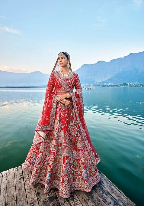 Red Embroidered Silk Lehenga Set