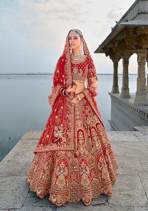 Red Embroidered Silk Lehenga Set