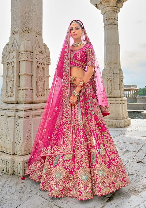 Rani Pink Embroidered Silk Lehenga Set