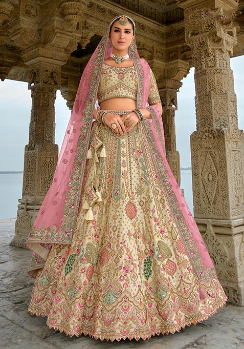 Cream Embroidered Silk Lehenga Set