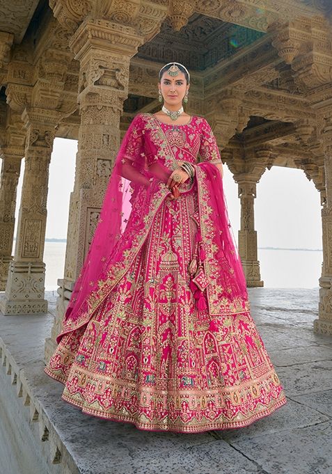 Rani Pink Embroidered Silk Lehenga Set