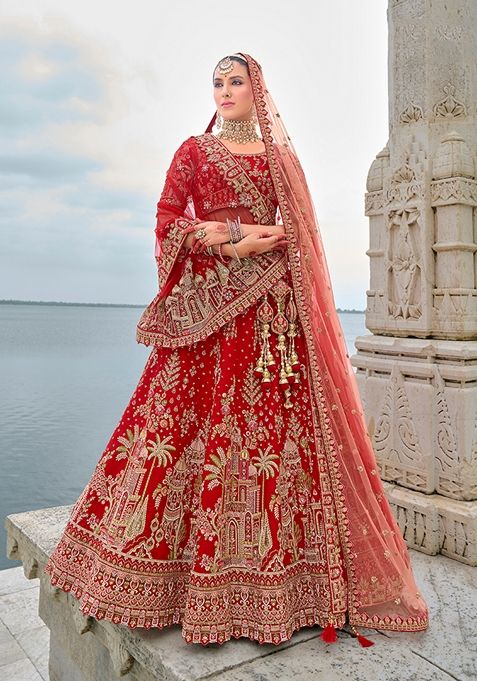 Red Embroidered Silk Lehenga Set