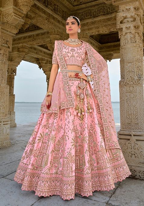 Light Pink Embroidered Silk Lehenga Set