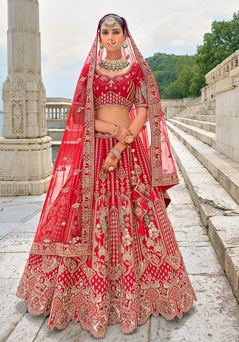 Red Embroidered Silk Lehenga Set