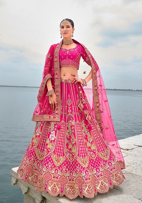 Rani Pink Embroidered Silk Lehenga Set