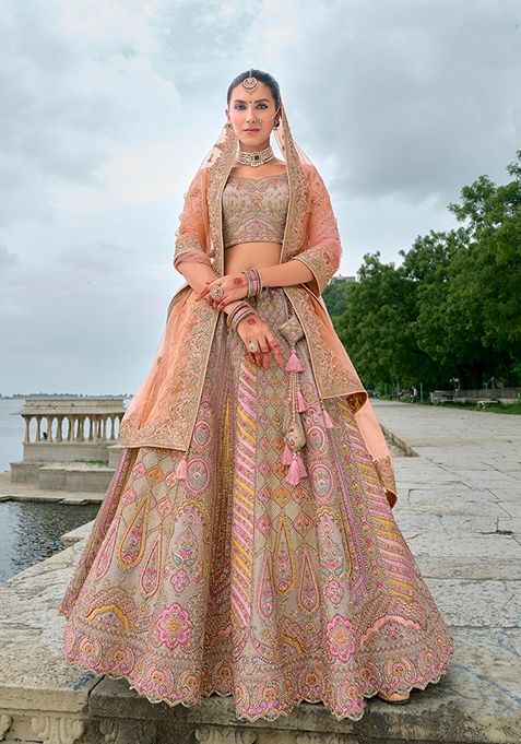 Grey Embroidered Silk Lehenga Set