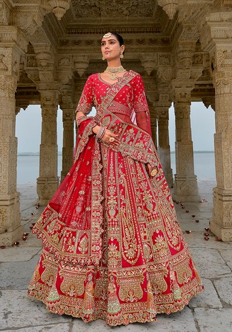 Red Embroidered Silk Lehenga Set