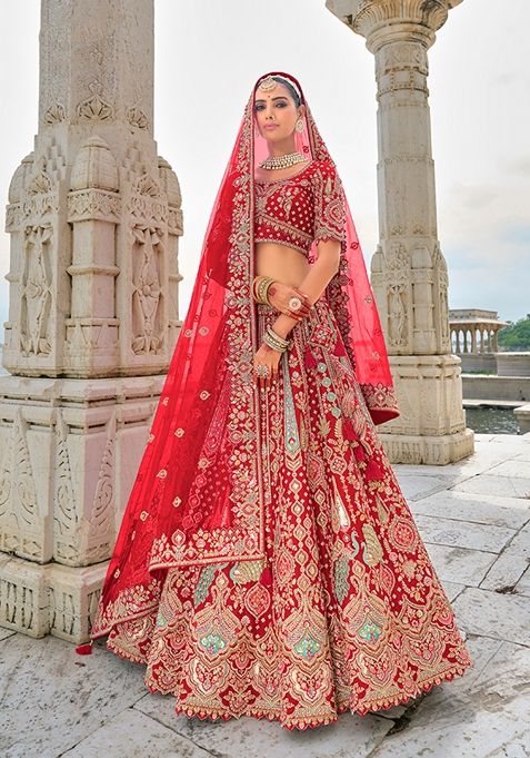 Red Embroidered Silk Lehenga Set