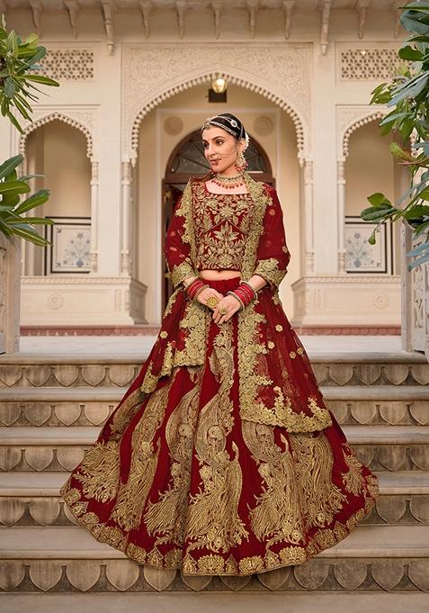 Maroon Embroidered Velvet Lehenga Set