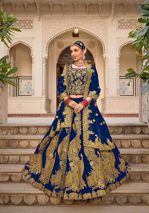 Royal Blue Embroidered Velvet Lehenga Set