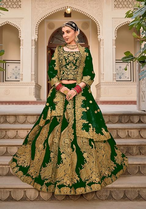 Green Embroidered Velvet Lehenga Set