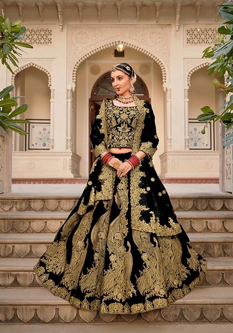 Black Embroidered Velvet Lehenga Set