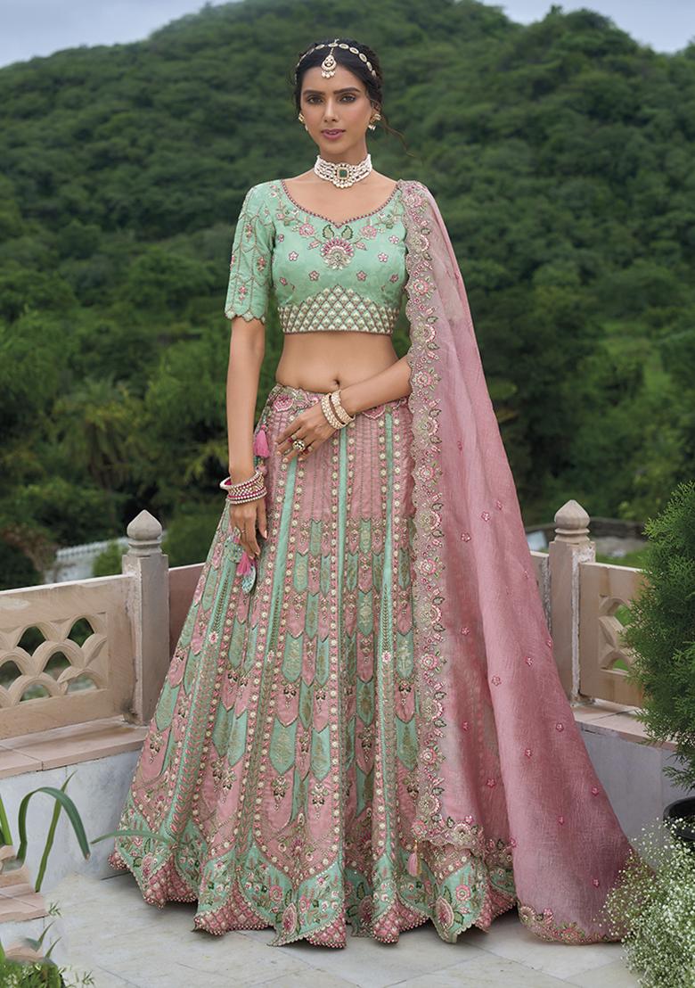 Light Turquoise Embroidered Silk Lehenga Set