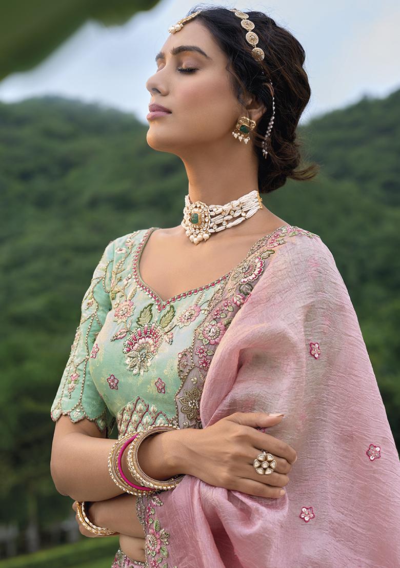 Light Turquoise Embroidered Silk Lehenga Set